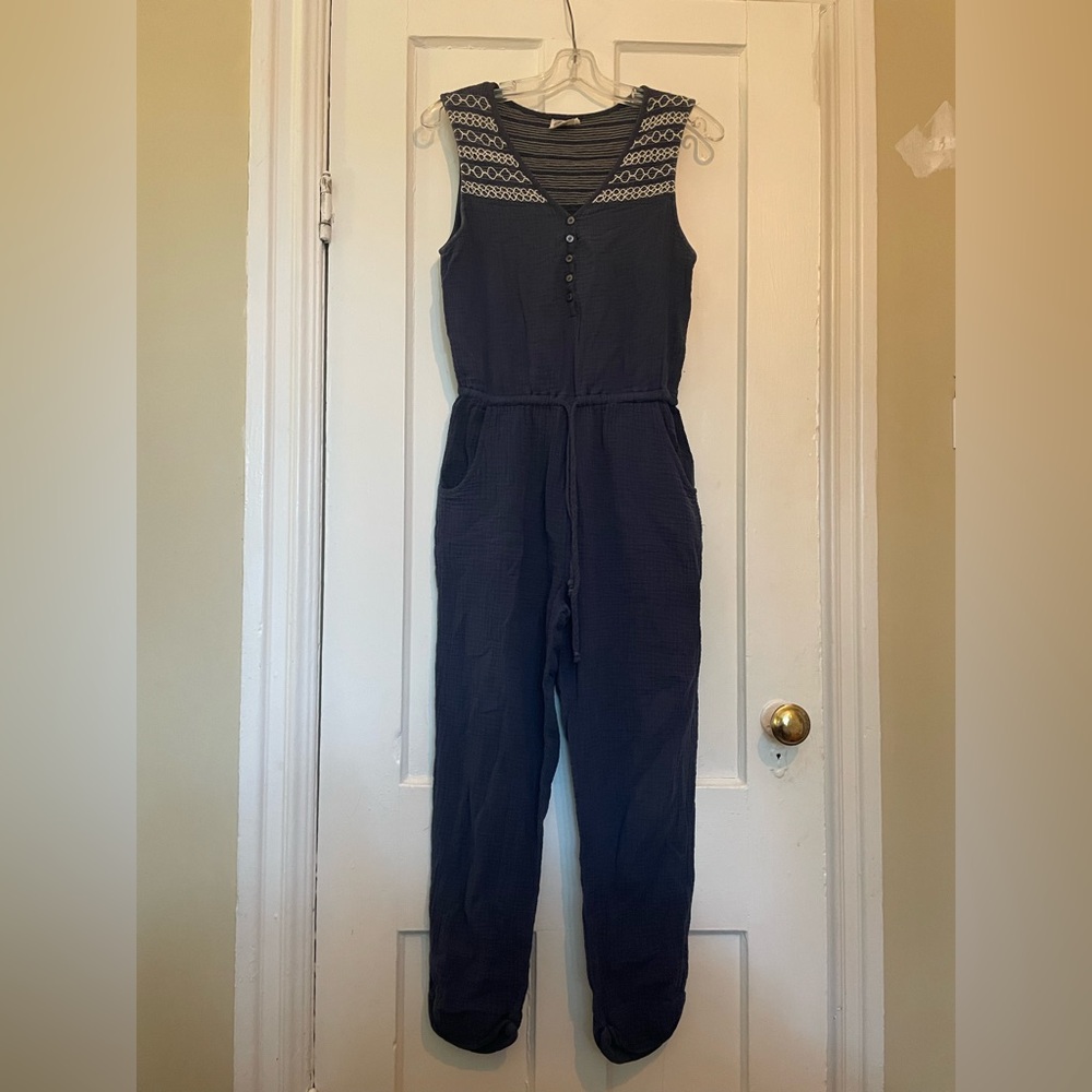 Anthropologie Navy Jumpsuit with Geometric Detail
